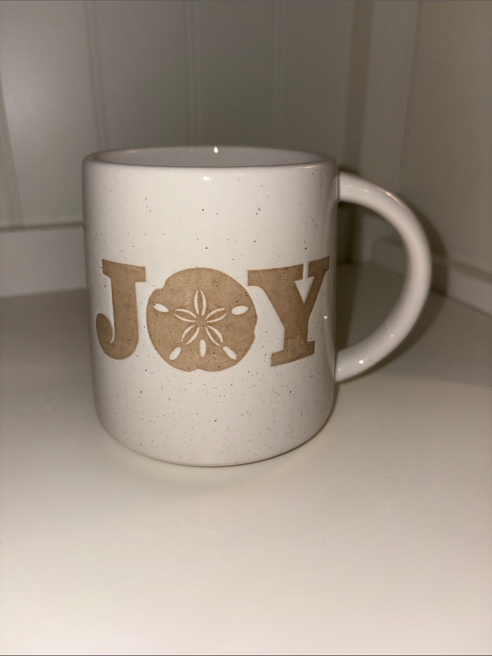 St. Nicholas Square White and Tan "JOY" Sand Dollar Mug